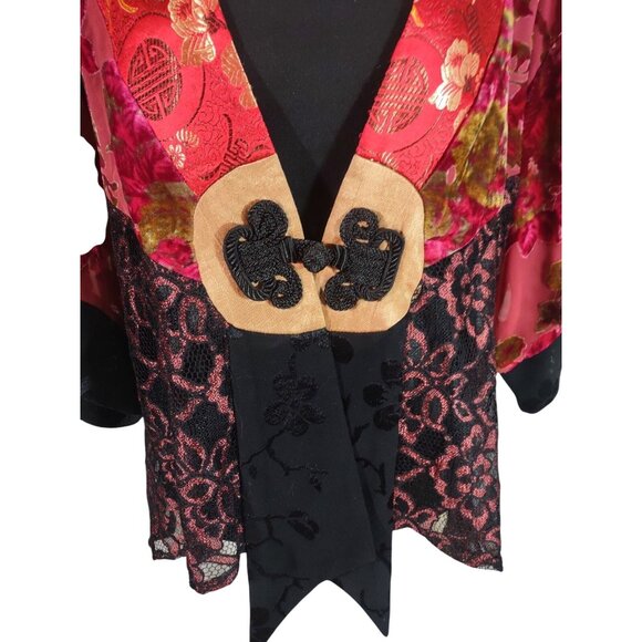 Vintage Spencer Alexis S Black Red Velvet Burnout Blouse Kimono Embroidered Lace - Picture 2 of 6